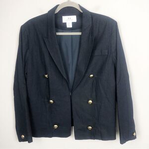 HALSTON | Navy Blue Linen Blend Gold Button Blazer Clasp Front Women’s Size L